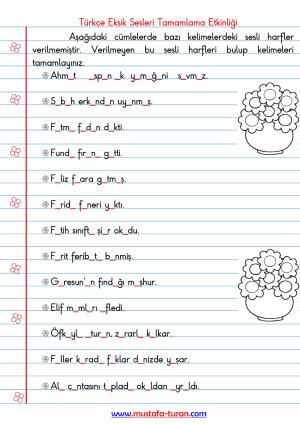 Türkçe Eksik Sesleri Tamamlama Etkinlikleri