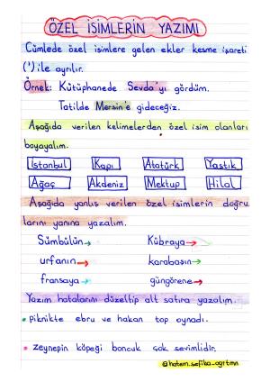 1. Sınıf Özel İsimlerin Yazılışı Etkinliği