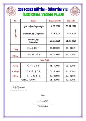 1. Sınıf 2021-2022 Eğitim ve Öğretim Yılı Harf İşleniş Takvimi