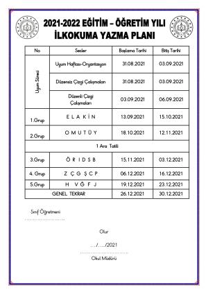 1. Sınıf 2021-2022 Eğitim ve Öğretim Yılı Harf İşleniş Takvimi