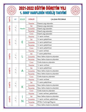 1. Sınıf 2021-2022 Eğitim ve Öğretim Yılı Harf İşleniş Takvimi