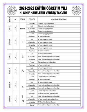 1. Sınıf 2021-2022 Eğitim ve Öğretim Yılı Harf İşleniş Takvimi