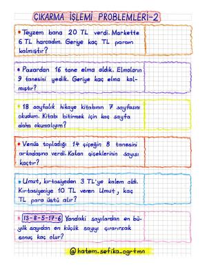 1. Sınıf Çıkarma İşlemi Problemleri-2