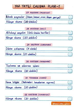 1. Sınıf Yaz Tatili Esnek Çalışma Planları