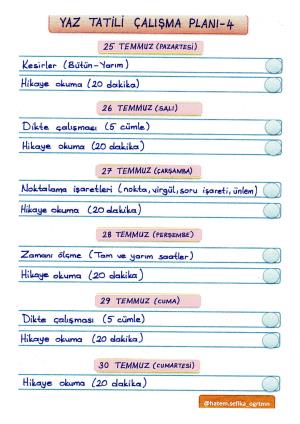 1. Sınıf Yaz Tatili Esnek Çalışma Planları