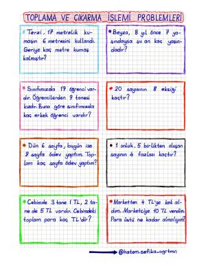 1.Sınıf Toplama ve Çıkarma İşlemi Problemleri