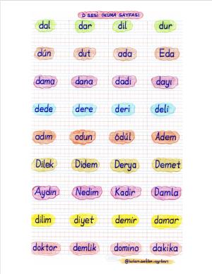 D Sesi Kelime Ve Okuma Çalışmaları