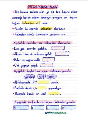 Kelime (Sözcük) Bilgisi Defter Çalışması Etkinliği