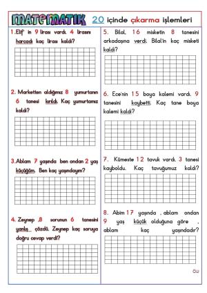 1. Sınıf Çıkarma İşlemleri Etkinlikler Serisi