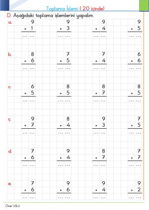 Toplama İşlemleri  20 ye Kadar Etkinliği