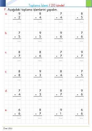 Toplama İşlemleri  20 ye Kadar Etkinliği