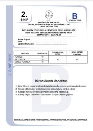 BİLSEM Sınavı 2015 Yılı 2.Sınıf B Kitapçığı Soruları ve Cevapları