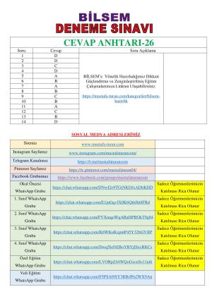 BİLSEM'e Hazırlık Deneme Sınavı-26