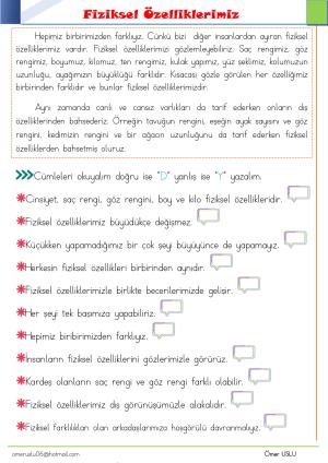 2. Sınıf 1 Hafta Etkinlik ve Çalışmaları