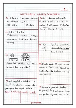 2. Sınıf 2.Matematik Değerlendirme Sınavı 