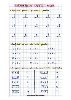 2. Sınıf Çarpma İşlemi Çalışma Sayfası