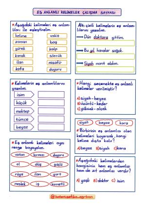 2. Sınıf Eş Anlamlı Kelimeler Çalışma Etkinliği