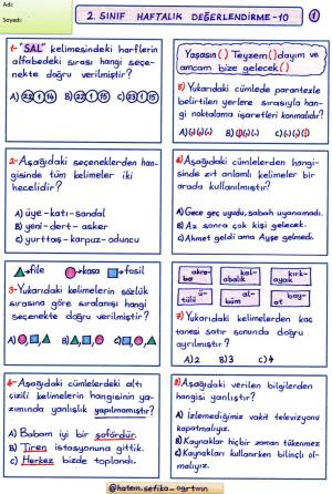 2. Sınıf Haftalık Değerlendirme 10 (14.Hafta)