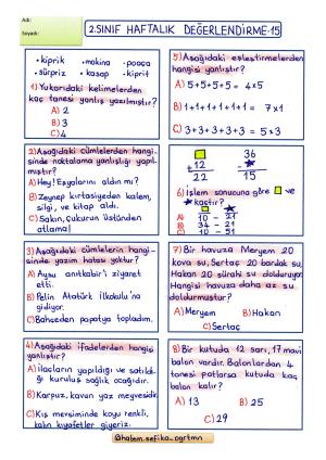 2. Sınıf Haftalık Değerlendirme 15 (2. Dönem 2.Hafta)