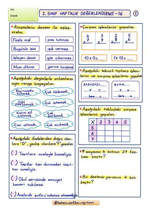 2. Sınıf Haftalık Değerlendirme 16 (2. Dönem 3.Hafta)