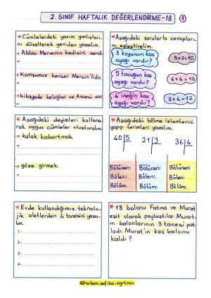 2. Sınıf Haftalık Değerlendirme 18 (2. Dönem 5.Hafta)