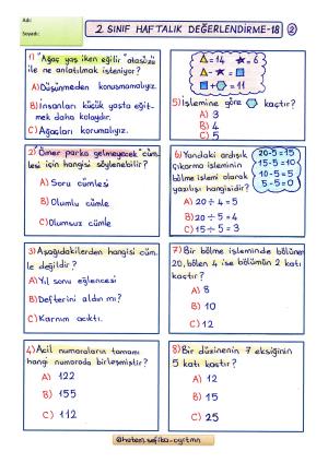 2. Sınıf Haftalık Değerlendirme 18 (2. Dönem 5.Hafta)