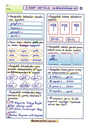 2. Sınıf Haftalık Değerlendirme 20 (2. Dönem 8.Hafta)