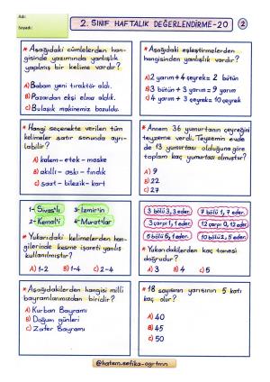 2. Sınıf Haftalık Değerlendirme 20 (2. Dönem 8.Hafta)