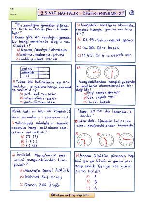 2. Sınıf Haftalık Değerlendirme 21 (2. Dönem 10.Hafta)