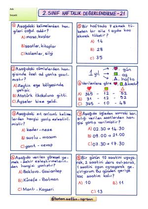 2. Sınıf Haftalık Değerlendirme 22. (2. Dönem 11.Hafta)