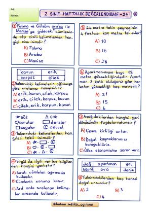 2. Sınıf Haftalık Değerlendirme 24 (2. Dönem 15.Hafta)