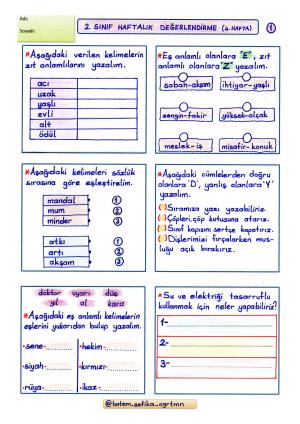 2. Sınıf Haftalık Değerlendirme 4. Hafta 