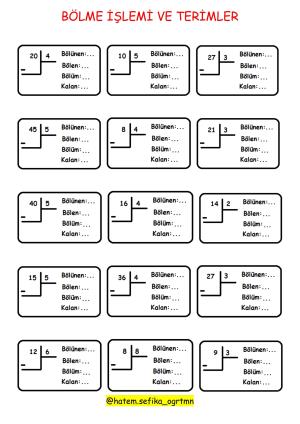 2. Sınıf Matematik  Bölme İşlemi ve Terimler Etkinliği