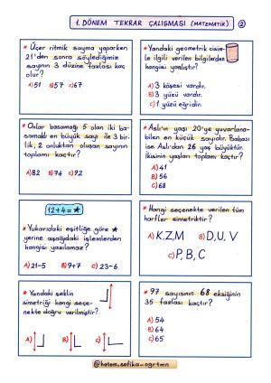 2. Sınıf Matematik Dersi 1. Dönem Tekrar Çalışması 