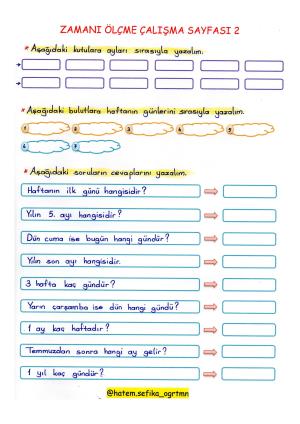 2. Sınıf Matematik Zaman Ölçü Birimleri Etkinlikleri