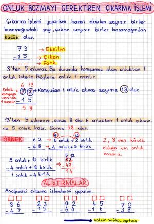 2. Sınıf Onluk Bozarak Çıkarma İşlemi Defter Çalışması