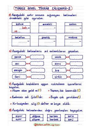 2. Sınıf Sene Başı Genel Tekrar Etkinlikleri Etkinlikleri 