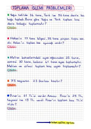 2. Sınıf Toplama İşlemi Problemleri Etkinliği