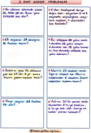 2. Sınıf Toplama ve Çıkarma İşlemi Problemleri