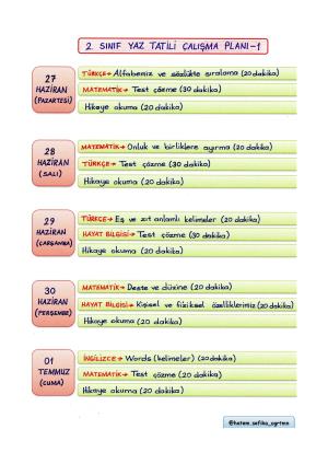 2. Sınıf Yaz Tatili Çalışma Planı