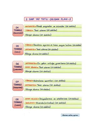 2. Sınıf Yaz Tatili Çalışma Planı