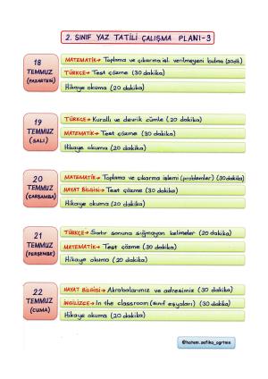 2. Sınıf Yaz Tatili Çalışma Planı