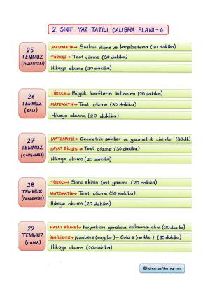 2. Sınıf Yaz Tatili Çalışma Planı