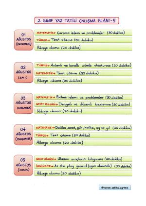 2. Sınıf Yaz Tatili Çalışma Planı