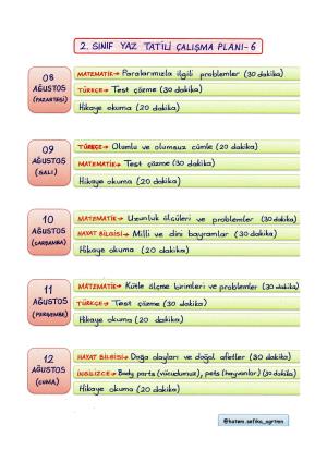 2. Sınıf Yaz Tatili Çalışma Planı