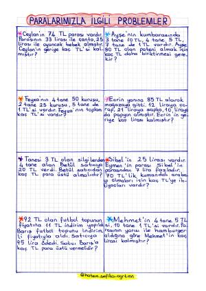 2. sınıf Matematik Paralarımızla İlgili Problemler