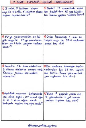 2. sınıf Toplama İşlemi Problemleri 2