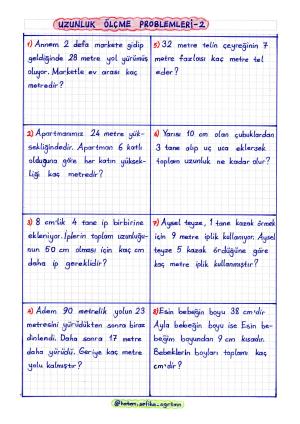 2.Sınıf Matmatik Uzunluk Ölçme Problemleri 1-2