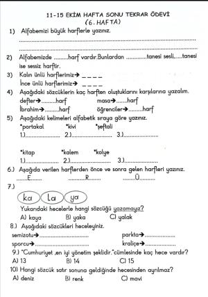 2. Sınıf 6. Hafta Hafta Sonu Ödevleri