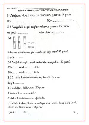 2. Sınıf Matematik Dersi 1. Dönem 1. Değerlendirme Soruları